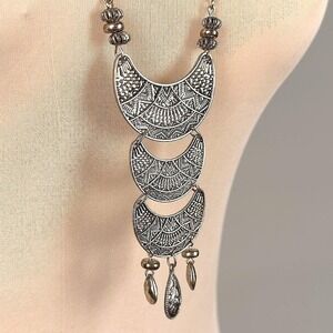 Boho Layered Crescent Moon Pendant Necklace Bronze Tone Tassel‎ Adjustable